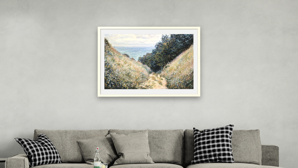 Road at La Cavée, Pourville by Claude Monet, shown at 30 × 40 in (76.2 × 101.6 cm) in Ramino Opaque White, living