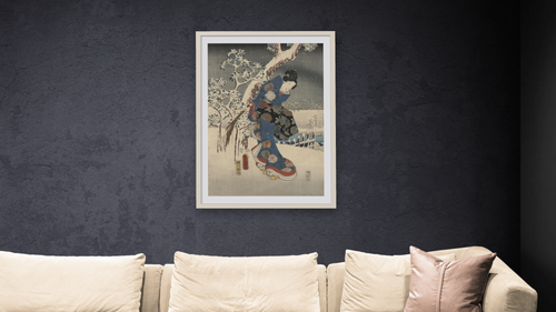 A modern version of the Tale of Genji in snow scenes, shown at 28 × 42 in (71.1 × 106.7 cm) in Ramino Opaque White, living [arteriel-render:v6:room_a:28x42@48,38]