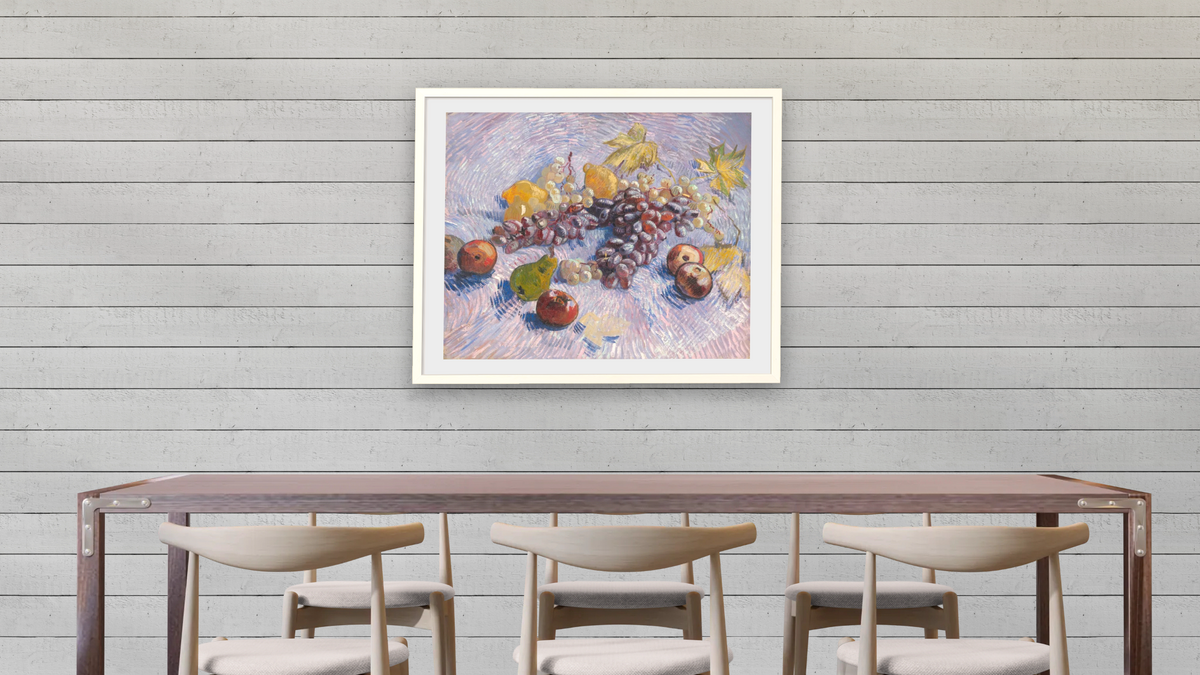 Grapes, Lemons, Pears, and Apples by Vincent van Gogh, shown at 32 × 40 in (81.3 × 101.6 cm) in Ramino Opaque White, dining
