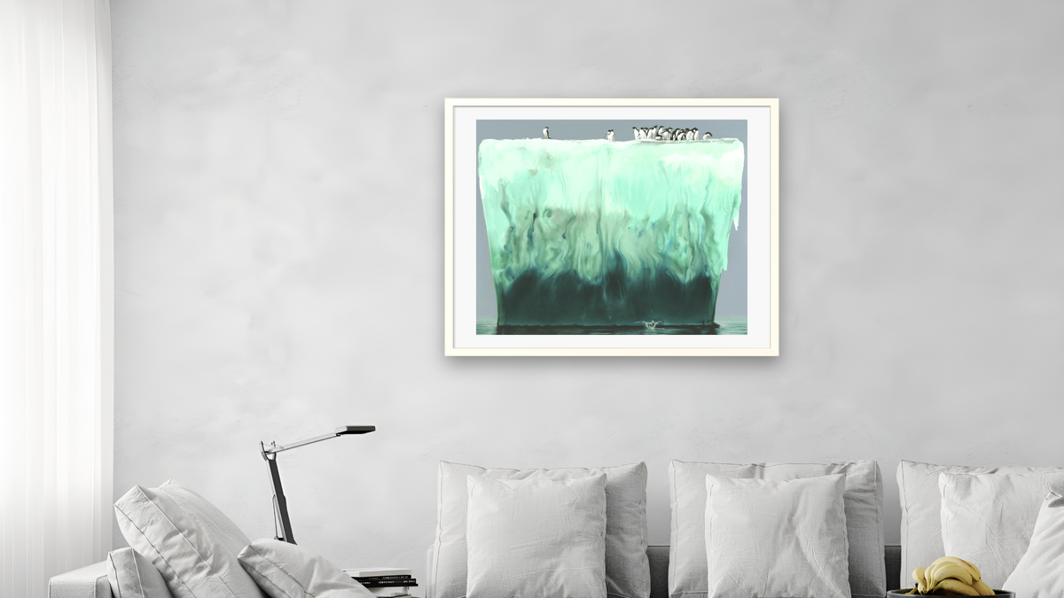 Adelies by Alexis Rockman, shown at 32 × 40 in (81.3 × 101.6 cm) in Ramino Opaque White, living