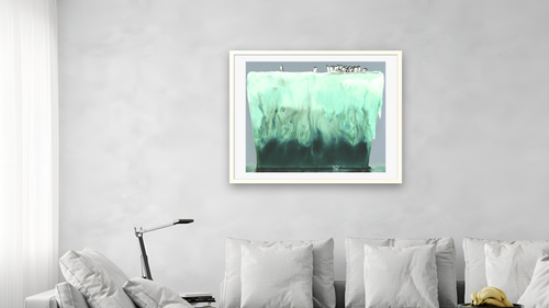 Adelies by Alexis Rockman, shown at 32 × 40 in (81.3 × 101.6 cm) in Ramino Opaque White, living [arteriel-render:v6:room_a:32x40@57,38]
