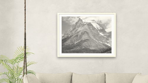 "Going-to-the-Sun Mountain", Glacier National Park, Montana by Ansel Adams, shown at 32 × 40 in (81.3 × 101.6 cm) in Ramino Opaque White, living [arteriel-render:v6:room_a:32x40@58,42]