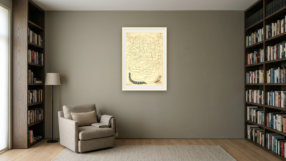 Caterpillar and Insect by Joris Hoefnagel and Georg Bocskay, shown at 28 × 42 in (71.1 × 106.7 cm) in Ramino Opaque White, library