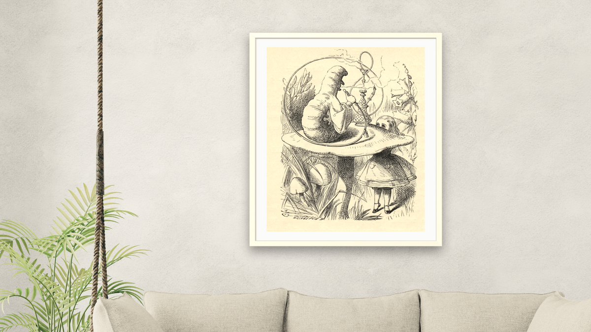Advice from a Caterpillar, from 'Alice's Adventures in Wonderland' by Lewis Carroll by John Tenniel, shown at 32 × 40 in (81.3 × 101.6 cm) in Ramino Opaque White, living