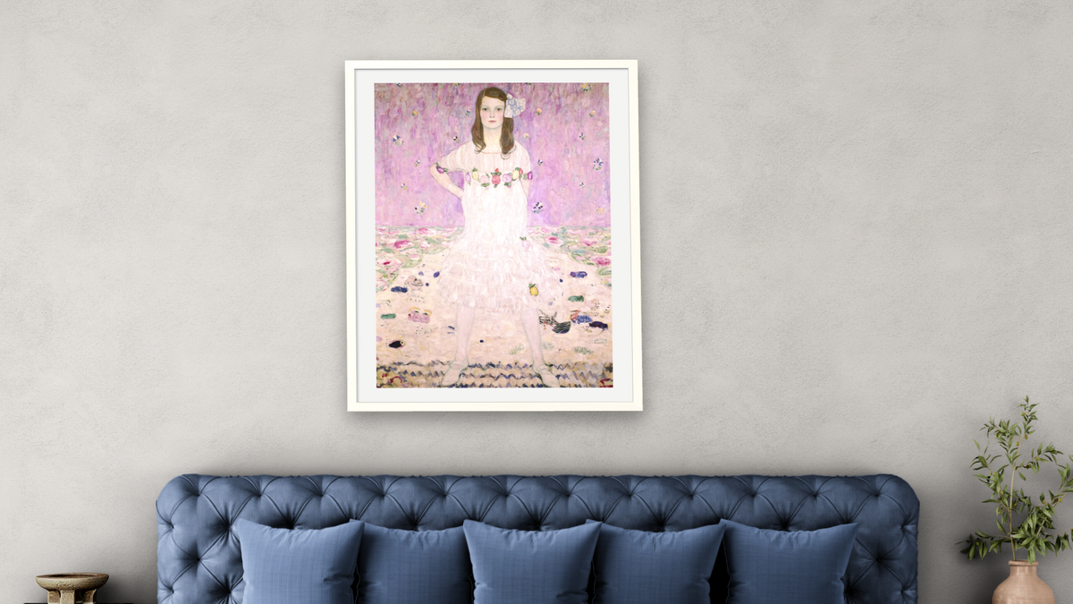 Girl in White by Gustav Klimt, shown at 30 × 40 in (76.2 × 101.6 cm) in Ramino Opaque White, bedroom
