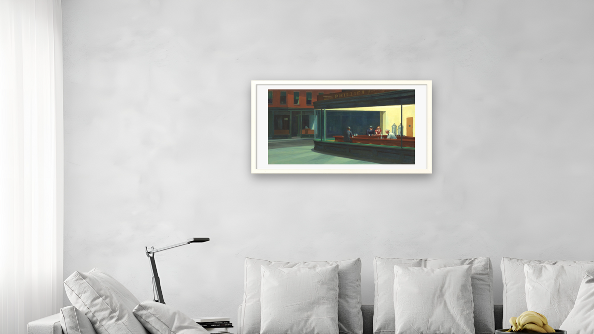 Nighthawks by Edward Hopper, shown at 20 × 40 in (50.8 × 101.6 cm) in Ramino Opaque White, living