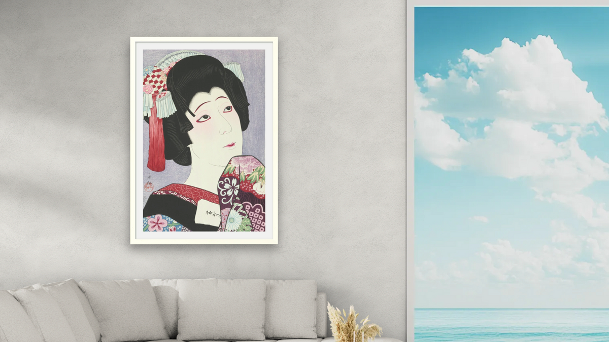The Actor Nakamura Fukusuke V as Ohan by Natori Shunsen, shown at 28 × 42 in (71.1 × 106.7 cm) in Ramino Opaque White, living