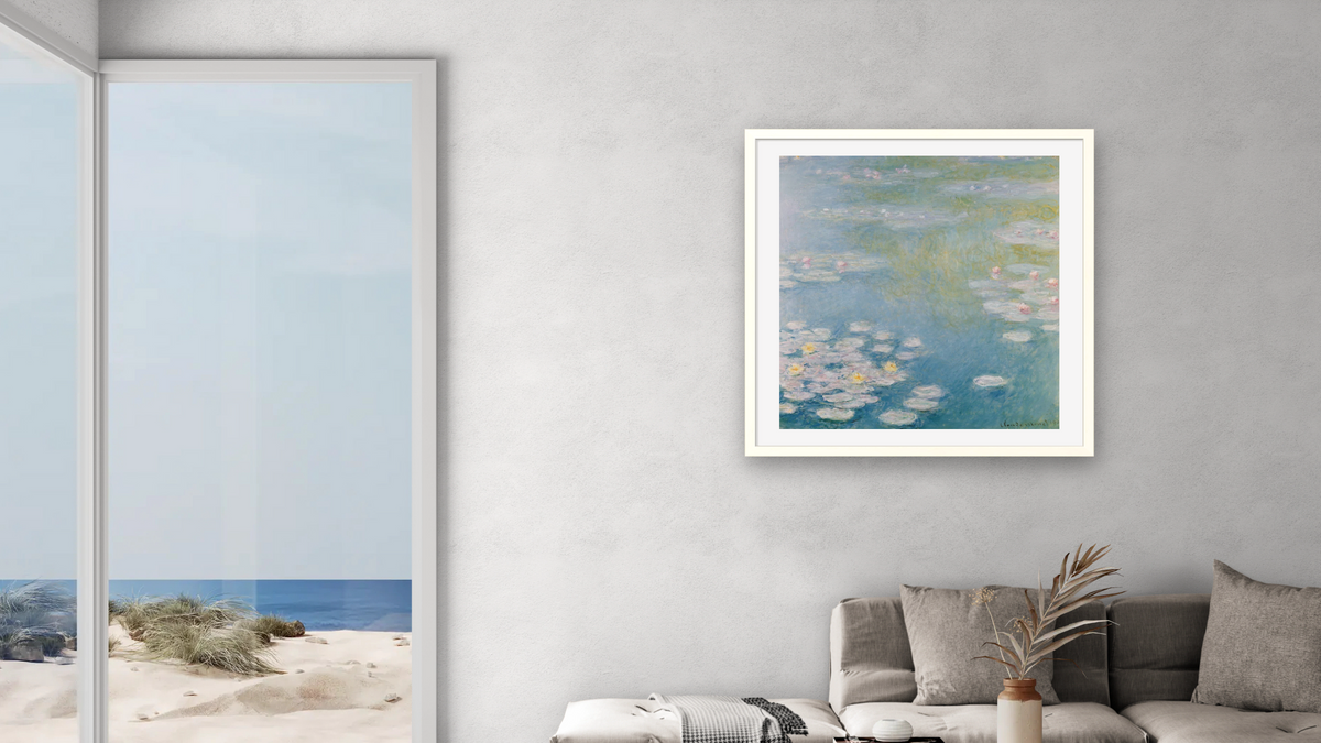 Nympheas at Giverny by Claude Monet, shown at 32 × 32 in (81.3 × 81.3 cm) in Ramino Opaque White, living