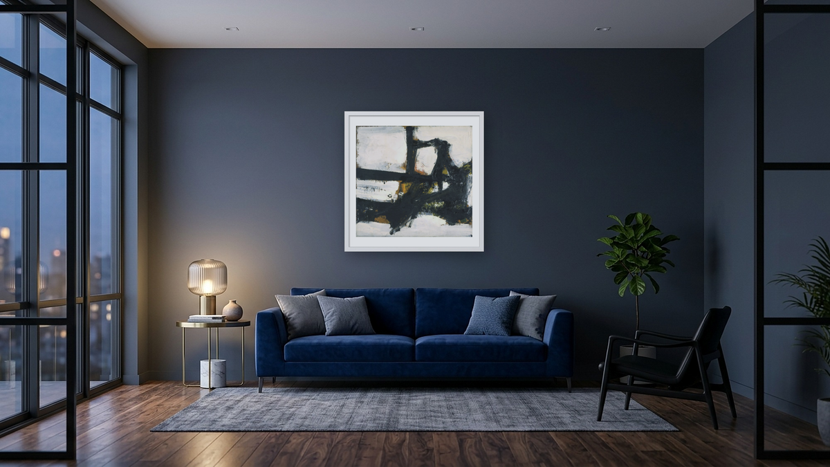 Orange Outline by Franz Kline, shown at 32 × 32 in (81.3 × 81.3 cm) in Ramino Opaque White, den