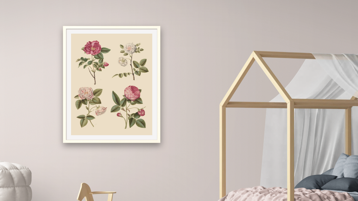 Rosa Gallica by Johannes Simon Holtzbecher, shown at 30 × 40 in (76.2 × 101.6 cm) in Ramino Opaque White, bedroom