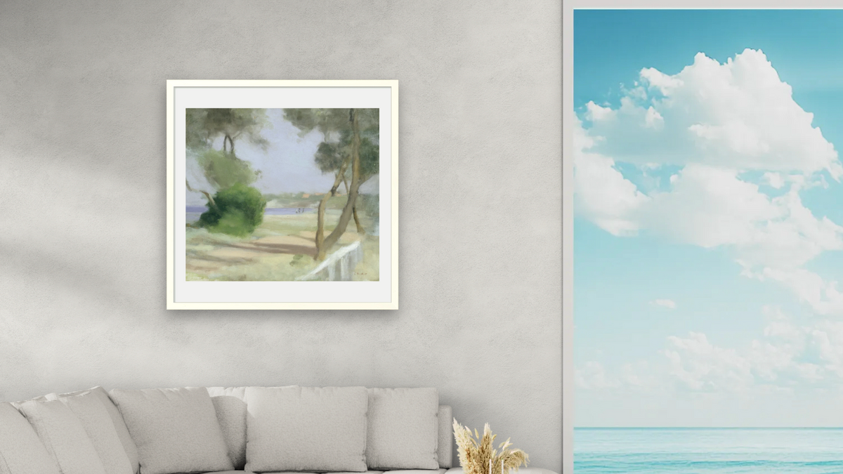 Beaumaris foreshore by Clarice Beckett, shown at 32 × 32 in (81.3 × 81.3 cm) in Ramino Opaque White, living