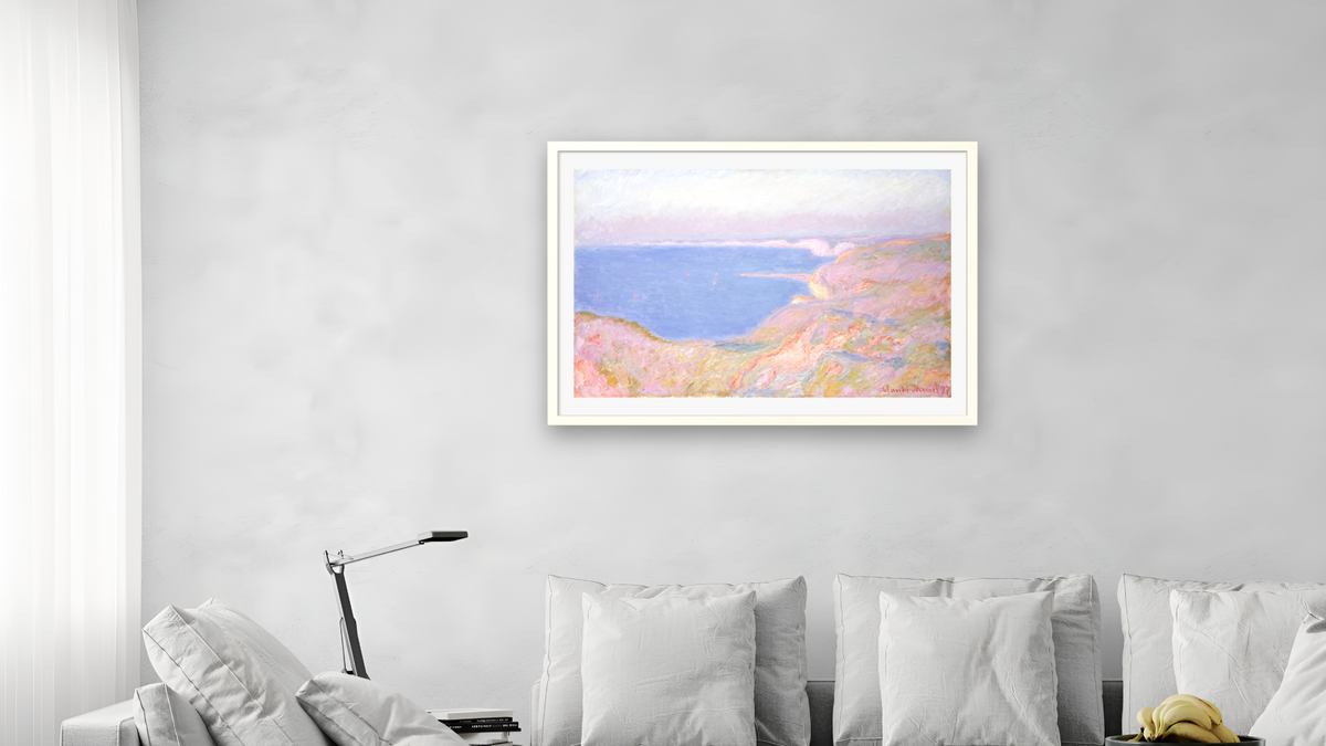 On The Cliffs Near Dieppe, Sunset by Claude Monet, shown at 28 × 42 in (71.1 × 106.7 cm) in Ramino Opaque White, living