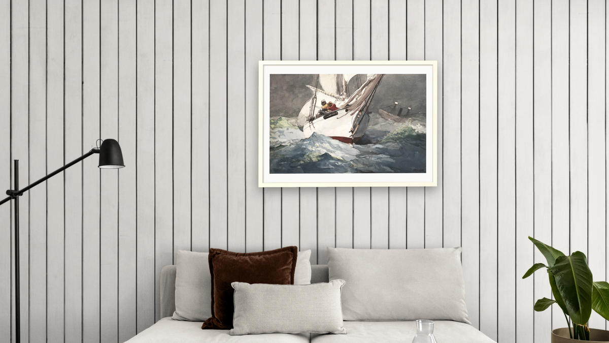 Reefing Sails Around Diamond Shoals, Cape Hatteras by Winslow Homer, shown at 28 × 42 in (71.1 × 106.7 cm) in Ramino Opaque White, living