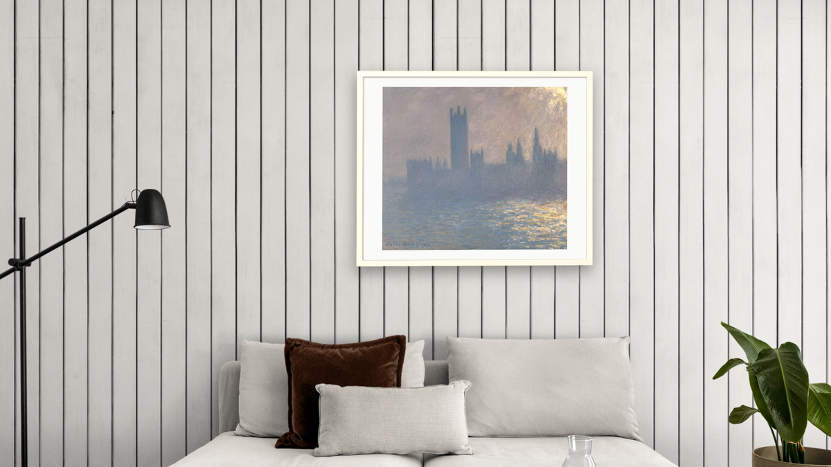 Houses of Parliament, Sunlight Effect by Claude Monet, shown at 32 × 40 in (81.3 × 101.6 cm) in Ramino Opaque White, living