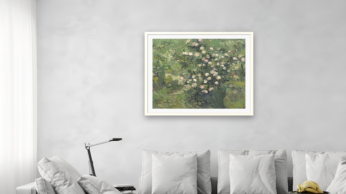 Roses by Vincent van Gogh, shown at 32 × 40 in (81.3 × 101.6 cm) in Ramino Opaque White, living