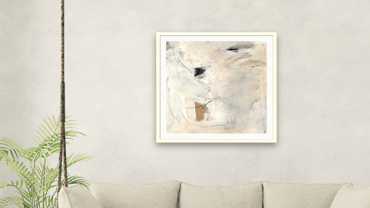 Feels Like Calm by Dan Hobday, shown at 32 × 32 in (81.3 × 81.3 cm) in Ramino Opaque White, living