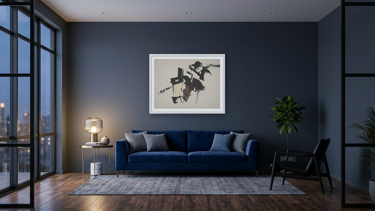 Untitled by Franz Kline, shown at 30 × 40 in (76.2 × 101.6 cm) in Ramino Opaque White, den