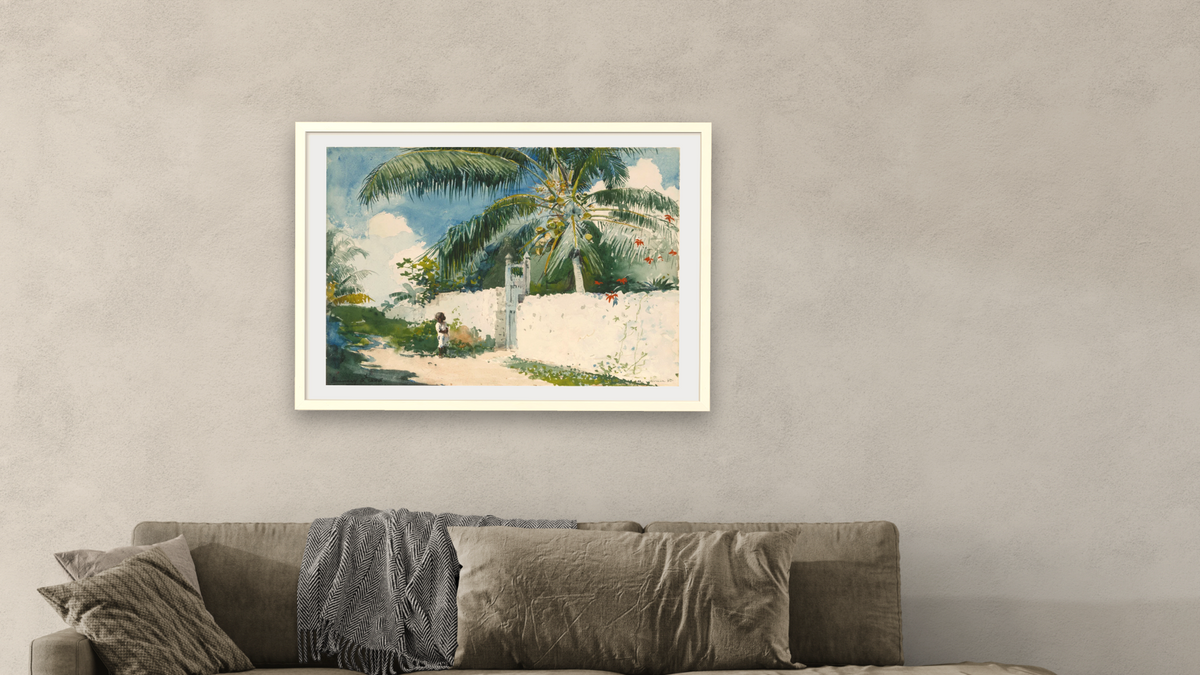 A Garden in Nassau by Winslow Homer, shown at 28 × 42 in (71.1 × 106.7 cm) in Ramino Opaque White, living