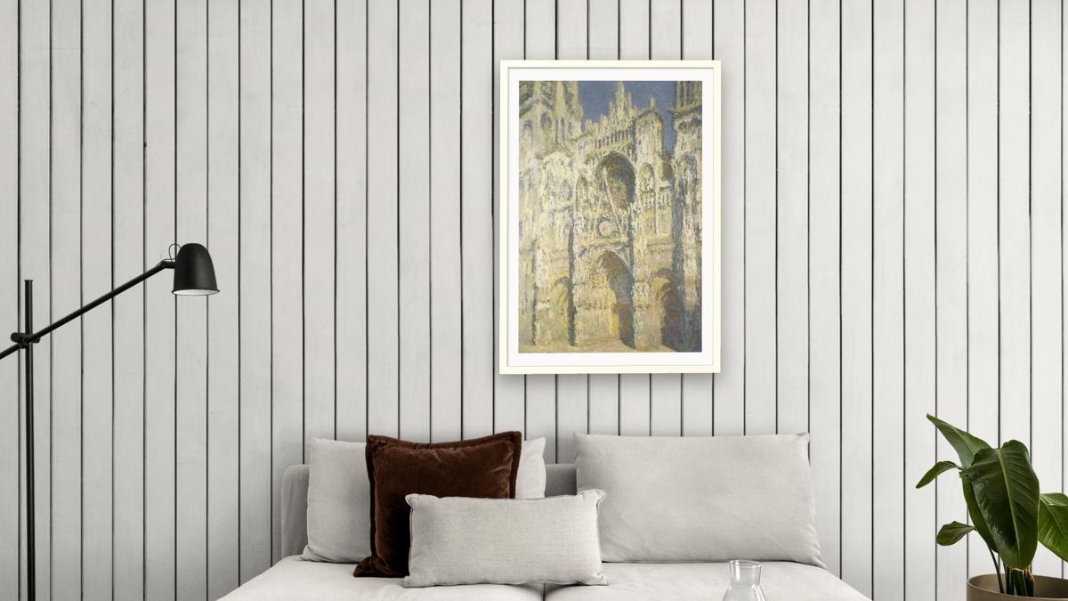 Rouen Cathedral in Full Sunlight: Harmony in Blue and Gold by Claude Monet, shown at 28 × 42 in (71.1 × 106.7 cm) in Ramino Opaque White, living