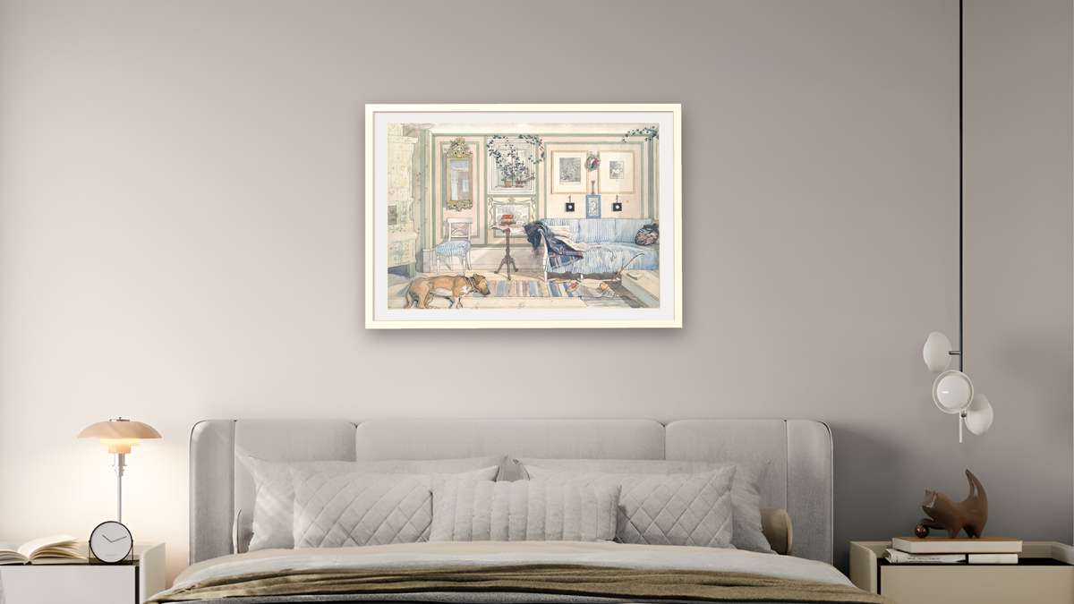 Cosy Corner by Carl Larsson, shown at 28 × 42 in (71.1 × 106.7 cm) in Ramino Opaque White, bedroom