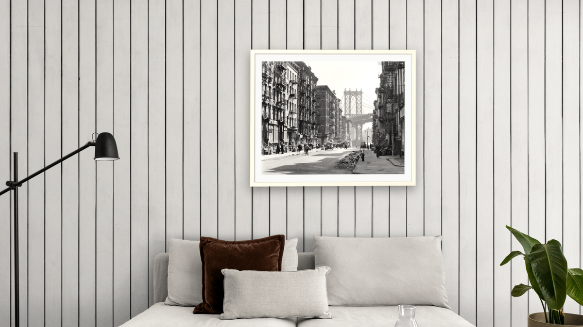 Pike and Henry Streets, Manhattan by Berenice Abbott, shown at 32 × 40 in (81.3 × 101.6 cm) in Ramino Opaque White, living