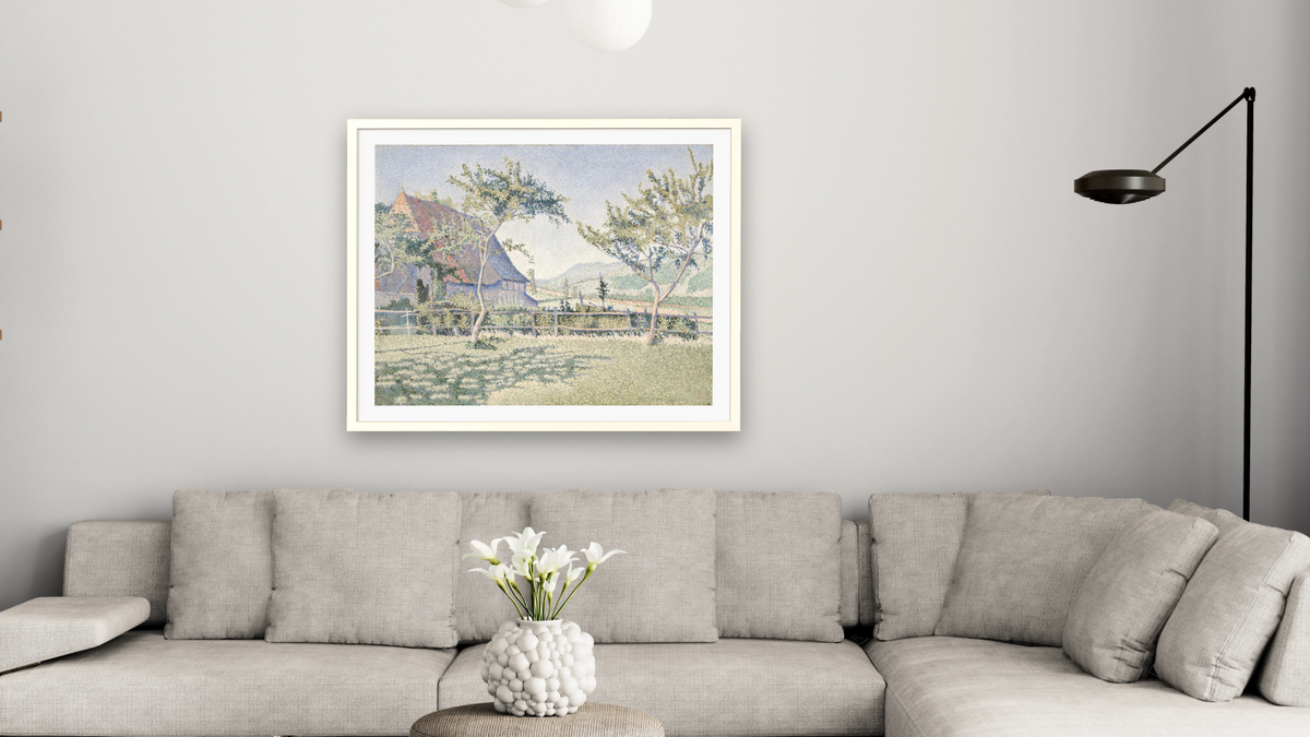 Comblat-le-Château, the Meadow (Le pré), Opus 161 by Paul Signac, shown at 32 × 40 in (81.3 × 101.6 cm) in Ramino Opaque White, living