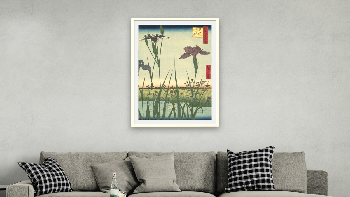 Irises at Horikiri, no. 56 from the series One-hundred Views of Famous Places in Edo by Utagawa Hiroshige, shown at 28 × 42 in (71.1 × 106.7 cm) in Ramino Opaque White, living