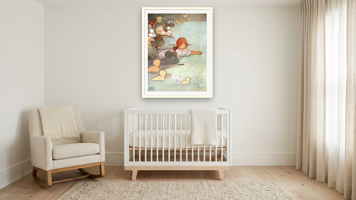 Alice in Wonderland: Alice in the Pool of Tears by Mabel Lucie Attwell, shown at 30 × 40 in (76.2 × 101.6 cm) in Ramino Opaque White, nursery
