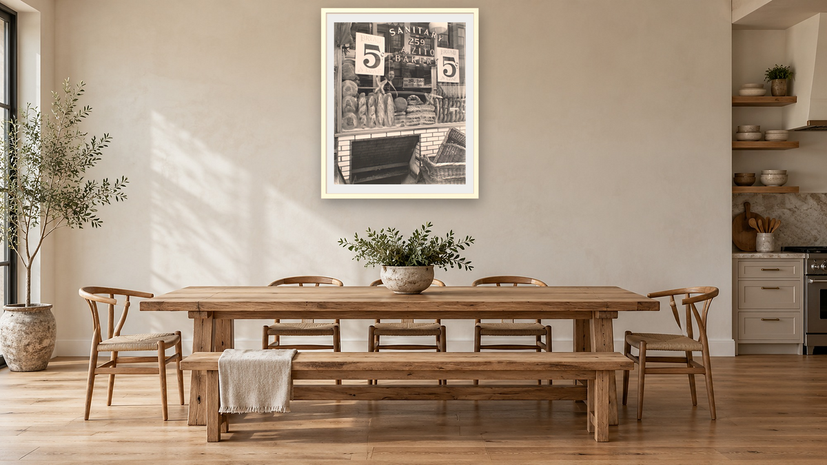Bread Store, 229 Bleecker Street by Berenice Abbott, shown at 32 × 40 in (81.3 × 101.6 cm) in Ramino Opaque White, kitchen
