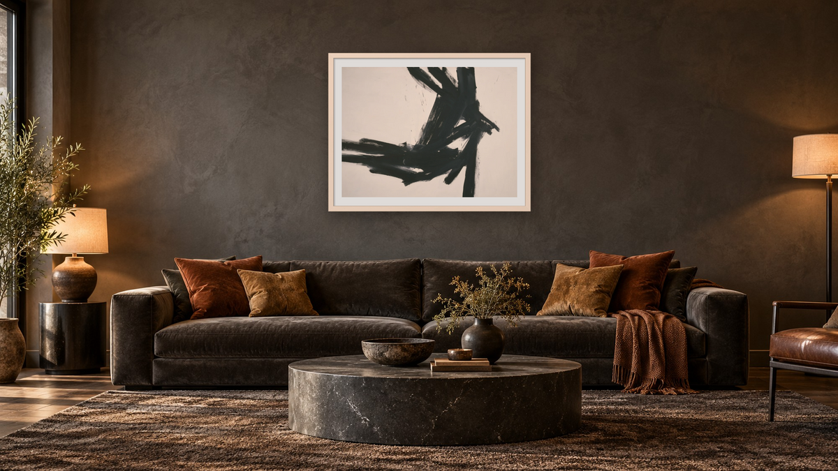 Corinthian II by Franz Kline, shown at 30 × 40 in (76.2 × 101.6 cm) in Ramino Opaque White, den