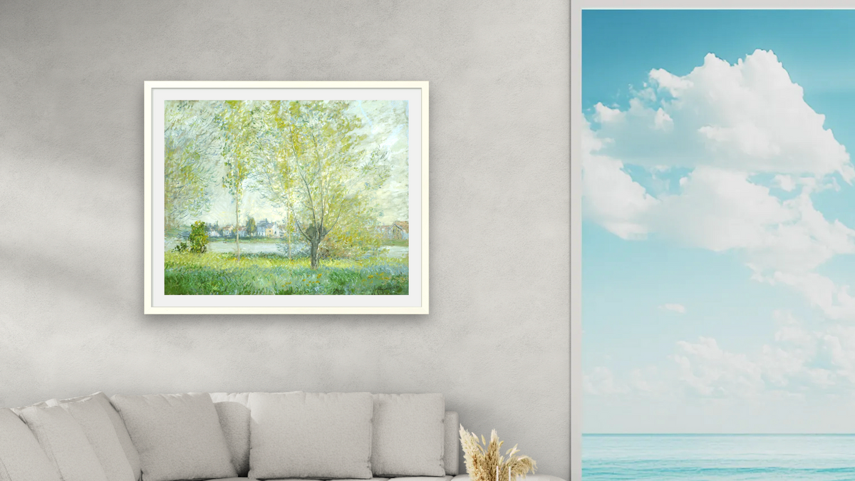 Willows at Vetheuil by Claude Monet, shown at 32 × 40 in (81.3 × 101.6 cm) in Ramino Opaque White, living