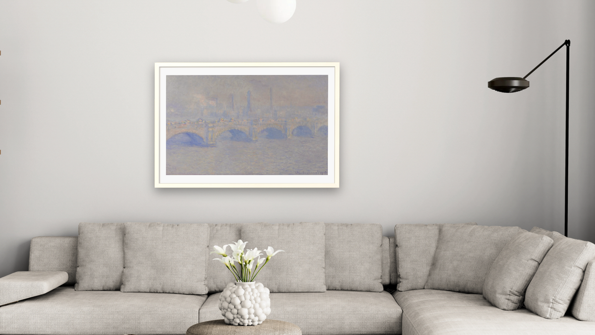 Waterloo Bridge, Effet de Soleil by Claude Monet, shown at 28 × 42 in (71.1 × 106.7 cm) in Ramino Opaque White, living