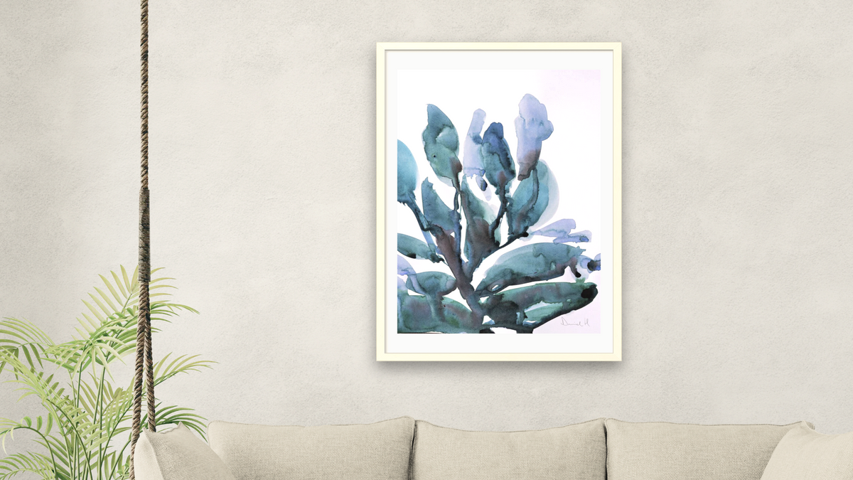 Blue Plant by Dan Hobday, shown at 28 × 42 in (71.1 × 106.7 cm) in Ramino Opaque White, living