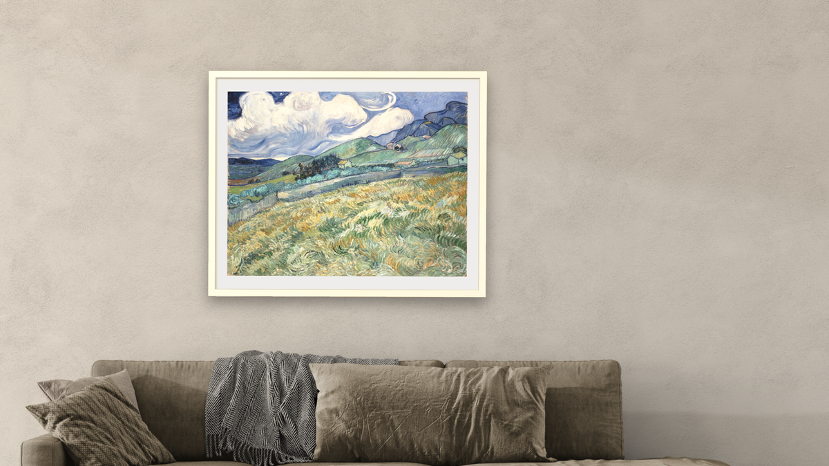 Landscape from Saint-Rémy by Vincent van Gogh, shown at 32 × 40 in (81.3 × 101.6 cm) in Ramino Opaque White, living