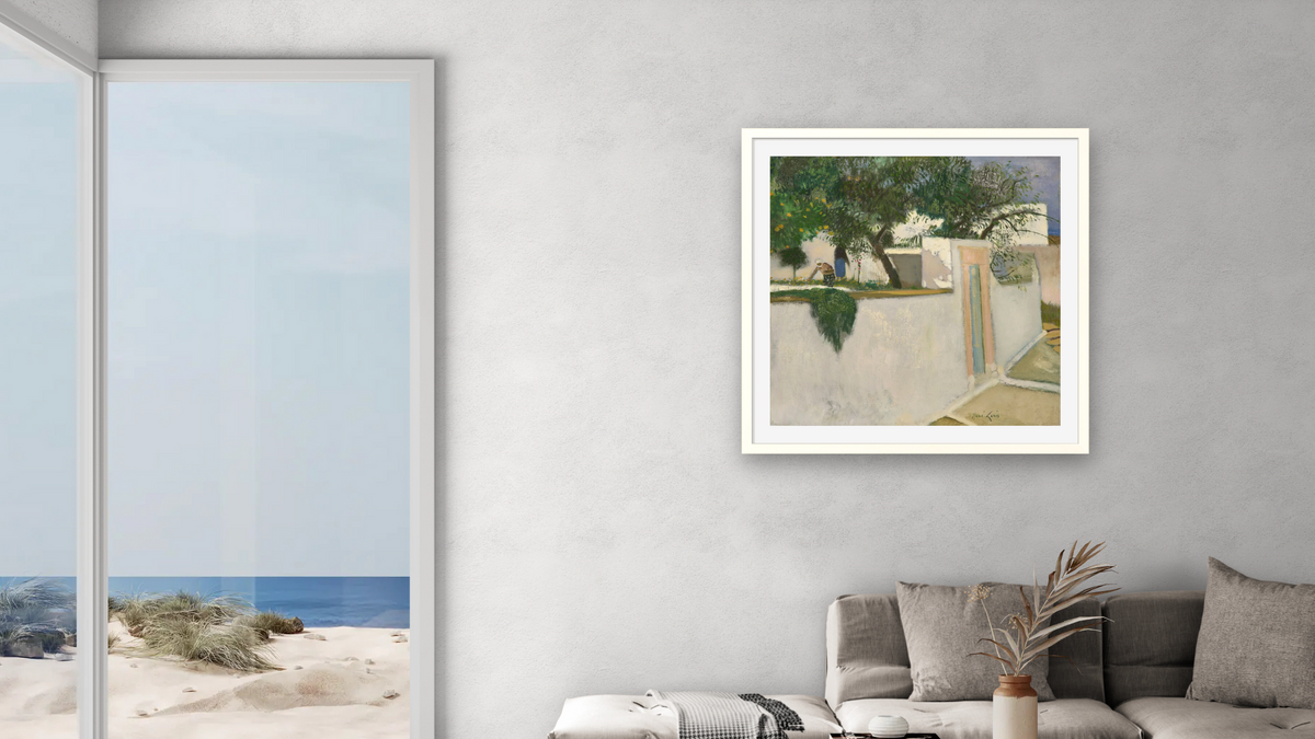 Les Dames Dans Leur Jardin (Patmos) by René Genis, shown at 32 × 32 in (81.3 × 81.3 cm) in Ramino Opaque White, living