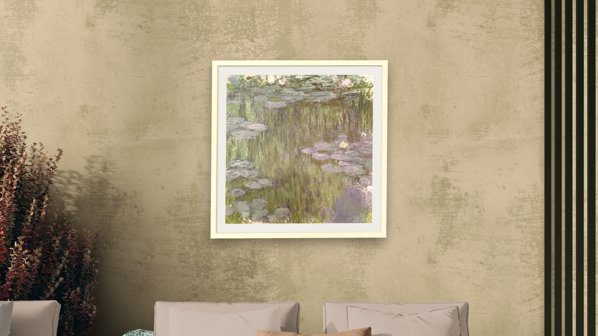 Nympheas at Giverny by Claude Monet, shown at 32 × 32 in (81.3 × 81.3 cm) in Ramino Opaque White, living