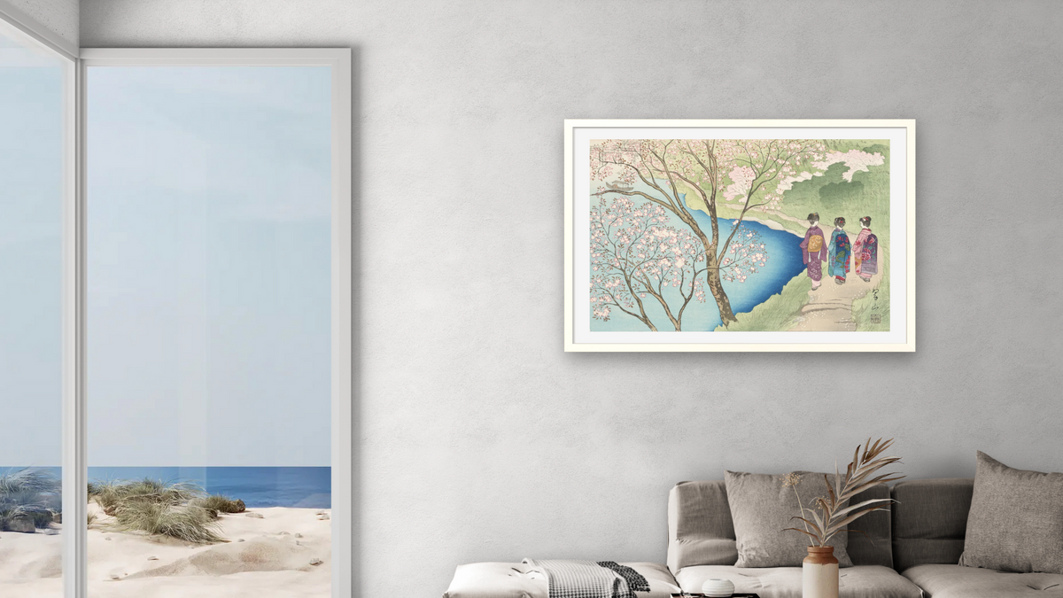 Mt. Arashi in Spring by Miki Suizan, shown at 28 × 42 in (71.1 × 106.7 cm) in Ramino Opaque White, living
