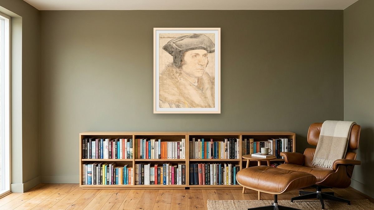 Sir Thomas More by Hans Holbein the Younger, shown at 30 × 40 in (76.2 × 101.6 cm) in Ramino Opaque White, library
