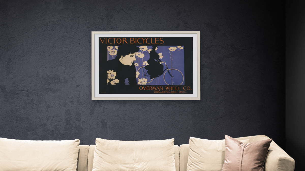Victor, Victoria bicycles. Overman Wheel Co. by William H. Bradley, shown at 28 × 42 in (71.1 × 106.7 cm) in Ramino Opaque White, living