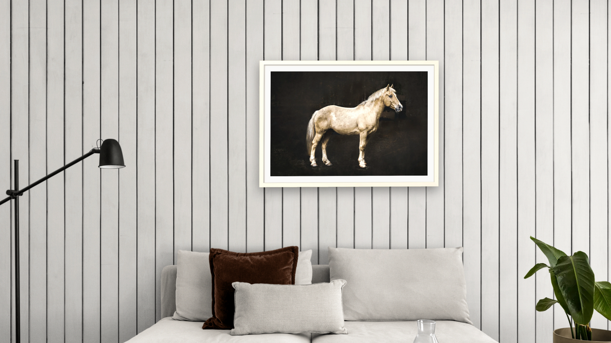 Sir. Stewie by Brandon Luther, shown at 28 × 42 in (71.1 × 106.7 cm) in Ramino Opaque White, living