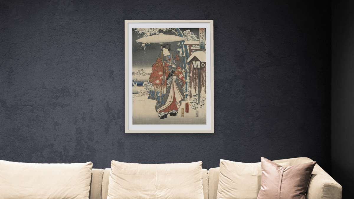 A modern version of the Tale of Genji in snow scenes, shown at 28 × 42 in (71.1 × 106.7 cm) in Ramino Opaque White, living