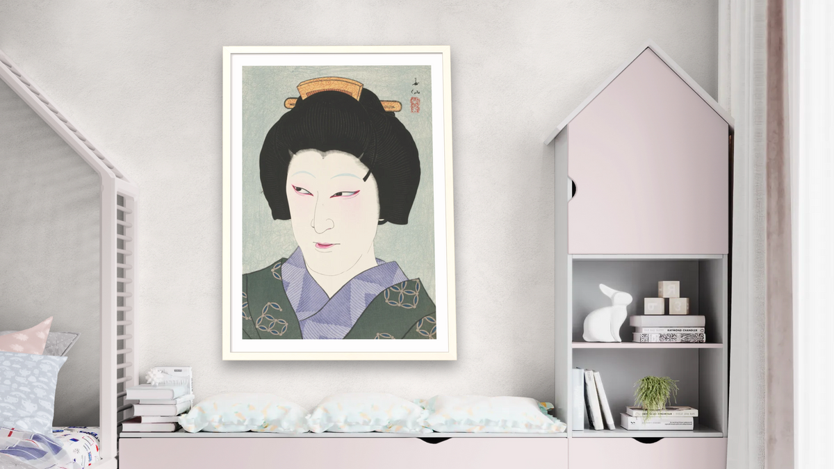 The Actor Nakamura Kaisha I as Okaru from the Play Yoikoshin by Natori Shunsen, shown at 28 × 42 in (71.1 × 106.7 cm) in Ramino Opaque White, bedroom