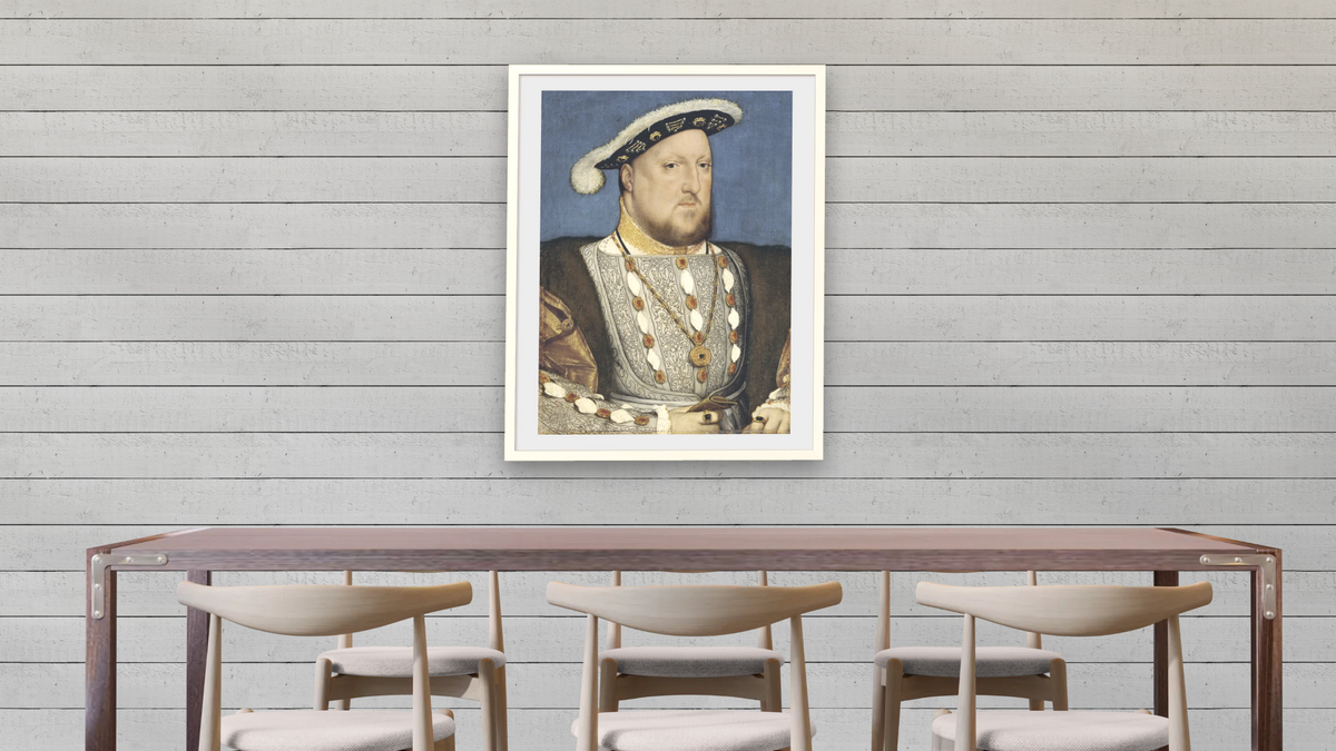 King Henry VIII by Hans Holbein the Younger, shown at 30 × 40 in (76.2 × 101.6 cm) in Ramino Opaque White, dining