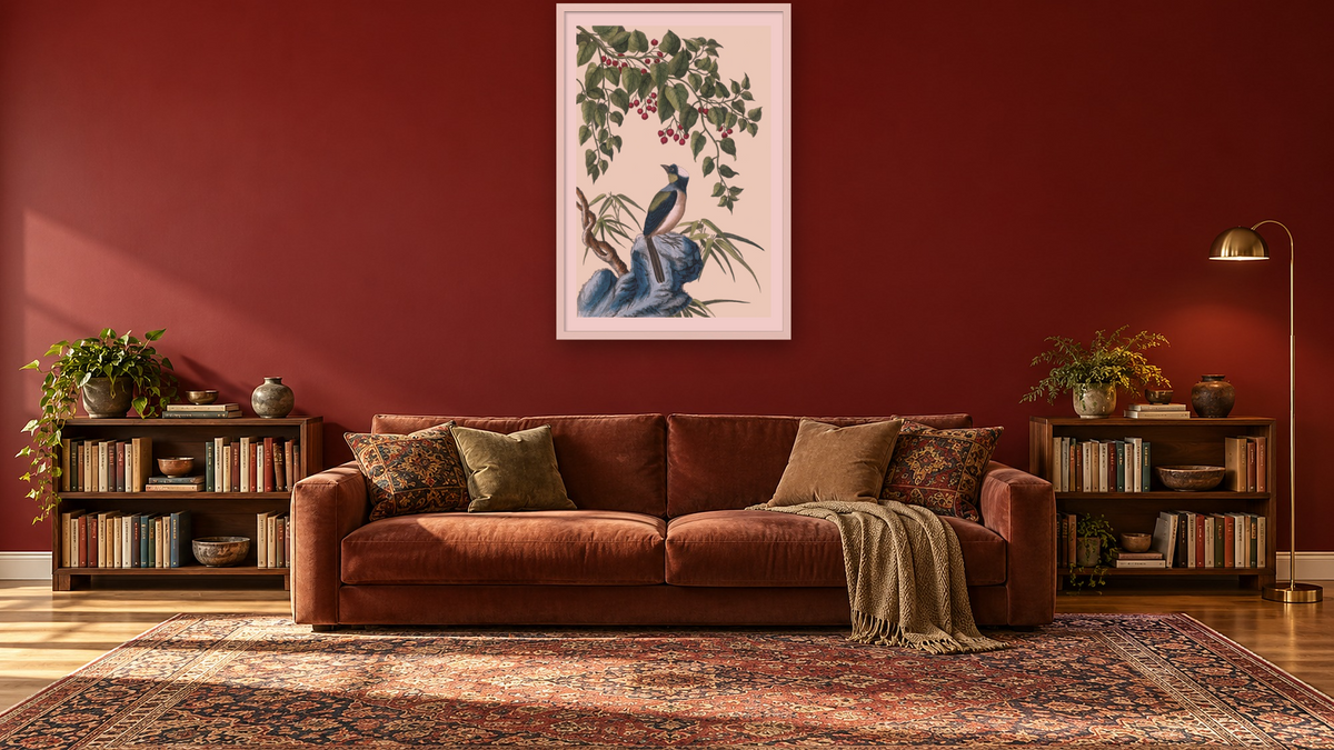 Smilax with bird by Pierre Joseph Buchoz, shown at 28 × 42 in (71.1 × 106.7 cm) in Ramino Opaque White, library