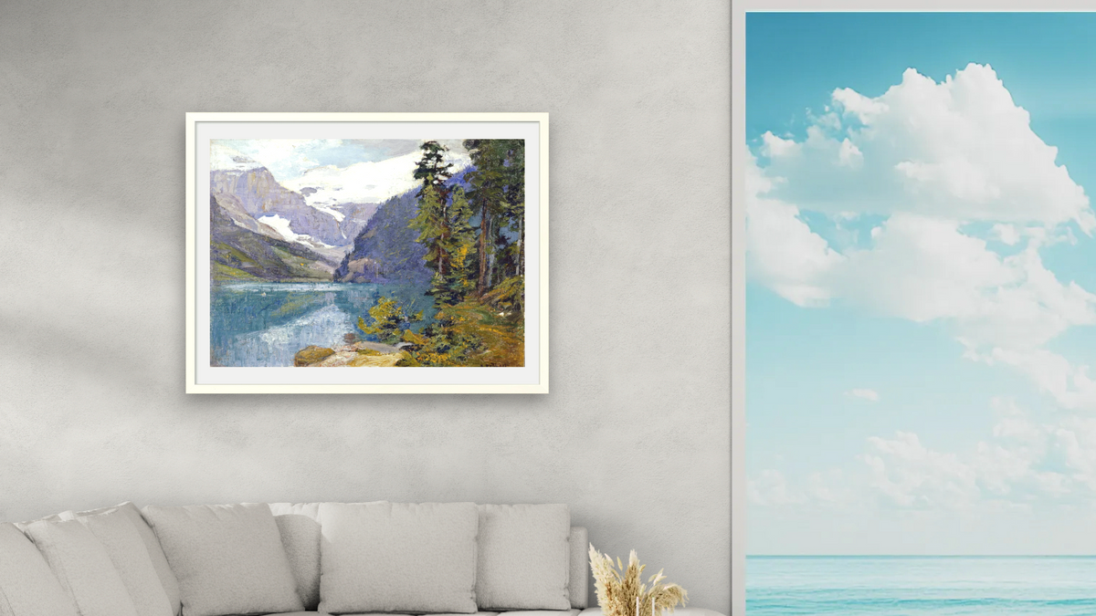Lake Louise, British Columbia by Edward Henry Potthast I, shown at 30 × 40 in (76.2 × 101.6 cm) in Ramino Opaque White, living