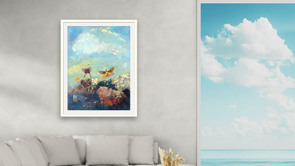 Butterflies by Odilon Redon, shown at 30 × 40 in (76.2 × 101.6 cm) in Ramino Opaque White, living
