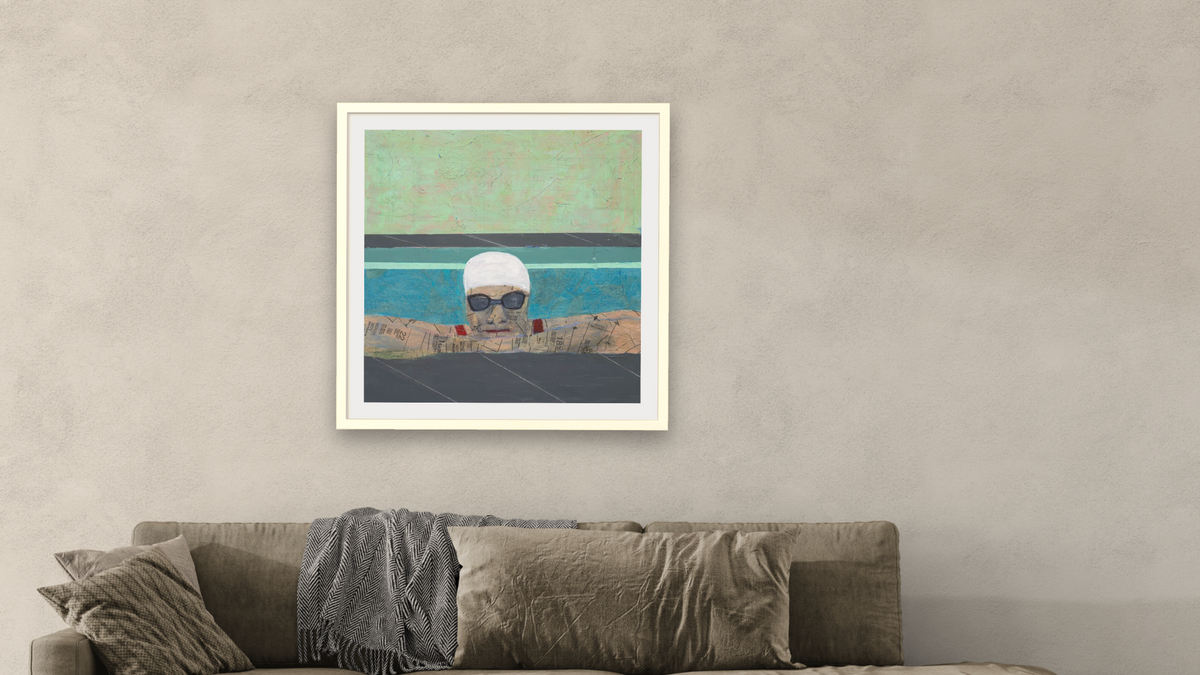 Between Laps by Dobee Snowber, shown at 32 × 32 in (81.3 × 81.3 cm) in Ramino Opaque White, living