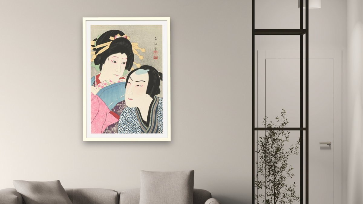 The Actors Ichikawa Shocho II as Umegawa and Kataoka Gado IV as Chubei by Natori Shunsen, shown at 28 × 42 in (71.1 × 106.7 cm) in Ramino Opaque White, living