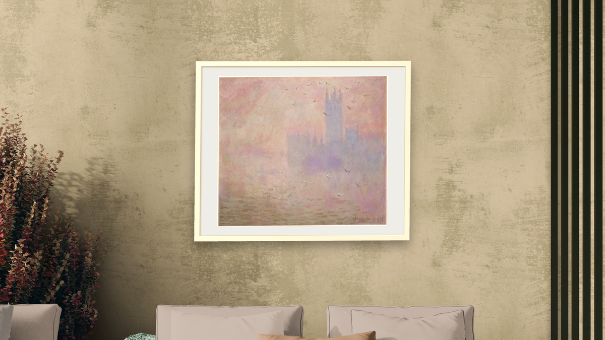 The Houses of Parliament, Seagulls by Claude Monet, shown at 32 × 40 in (81.3 × 101.6 cm) in Ramino Opaque White, living