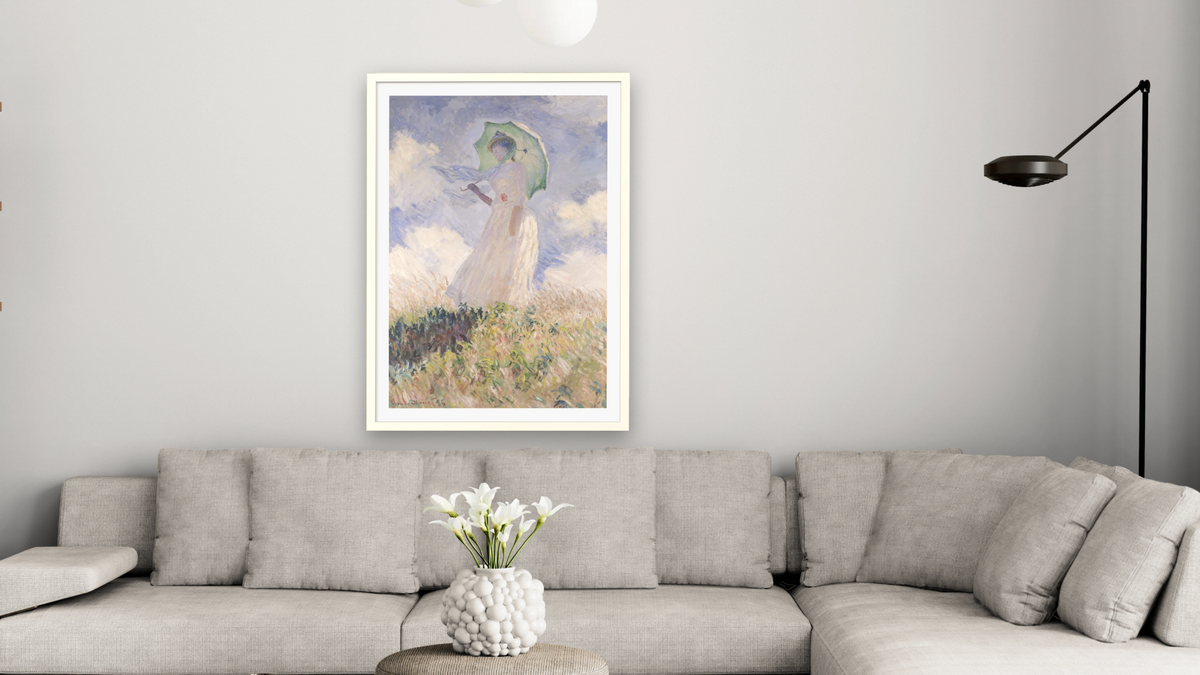 Woman with Parasol turned to the Left by Claude Monet, shown at 28 × 42 in (71.1 × 106.7 cm) in Ramino Opaque White, living